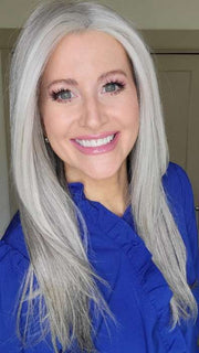 Natalie @vanish.into.thin.hair wearing SCENE STEALER by RAQUEL WELCH WIGS in color RL51/61 ICED GRANITA | Lightest Grey Progresses to a Deep Grey at the Nape
