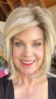 Susan Sparks @an_affair_with_hair wearing ELIZABETH by JON RENAU in color FS17/101S18 PALM SPRINGS BLONDE | Light Ash Blonde with Pure White Natural Violet Bold Highlights, Shaded with Dark Natural Ash Blonde