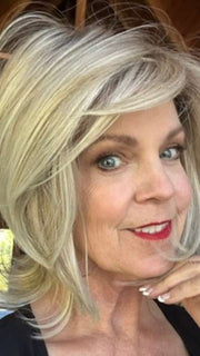 Susan Sparks @an_affair_with_hair wearing ELIZABETH by JON RENAU in color FS17/101S18 PALM SPRINGS BLONDE | Light Ash Blonde with Pure White Natural Violet Bold Highlights, Shaded with Dark Natural Ash Blonde
