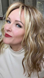 Marcie @wig.obsessed wearing BEACH WAVE MAGIC by TRESSALLURE in color 14/26/R10 | Red Blonde with Gold Blonde highlights and Light Brown roots