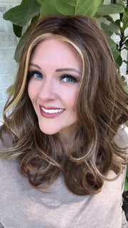 Marcie @wig.obsessed wearing DIVA by ELLEN WILLE in color TOBACCO-ROOTED 12.26.27 | Lightest Brown, Light Golden Blonde, and Dark Strawberry Blonde blend with Dark Shaded Roots
