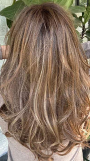 Marcie @wig.obsessed wearing DIVA by ELLEN WILLE in color TOBACCO-ROOTED 12.26.27 | Lightest Brown, Light Golden Blonde, and Dark Strawberry Blonde blend with Dark Shaded Roots 
