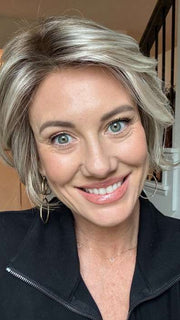 Jenny B. @thewiggygirl wearing Like by ELLEN WILLE in color Pearl Blonde Rooted | Pearl Platinum, Medium Ash Blonde and Medium Blonde Blend with Shaded Roots