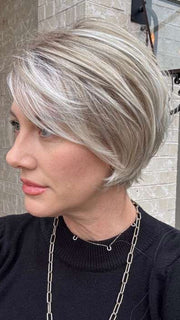 Jenny B. @thewiggygirl wearing Like by ELLEN WILLE in color Pearl Blonde Rooted | Pearl Platinum, Medium Ash Blonde and Medium Blonde Blend with Shaded Roots