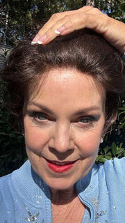 Susan @an_affair_with_hair wearing Estate by Ellen Wille in color Dark Chocolate Mix | Dark Auburn, Deep Copper Brown, and Darkest Brown Blend