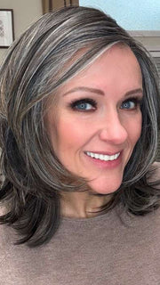 Marcie Mertz @wig.obsessed wearing MIKA by RENE OF PARIS in color TRUFFLE RIBBON R | Off-Black base with Warm Medium Brown and Silver highlights. The Dark Brown Root creates a naturally dimensional appearance.