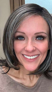 Marcie Mertz @wig.obsessed wearing MIKA by RENE OF PARIS in color TRUFFLE RIBBON R | Off-Black base with Warm Medium Brown and Silver highlights. The Dark Brown Root creates a naturally dimensional appearance.