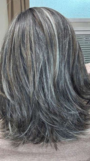Marcie Mertz @wig.obsessed wearing MIKA by RENE OF PARIS in color TRUFFLE RIBBON R | Off-Black base with Warm Medium Brown and Silver highlights. The Dark Brown Root creates a naturally dimensional appearance.