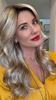 Jenny B. @thewiggygirl wearing AMBER by JON RENAU in color FS17/101S18 PALM SPRINGS BLONDE | Light Ash Blonde with Pure White Natural Violet Bold Highlights, Shaded with Dark Natural Ash Blonde