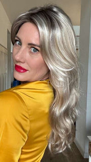 Jenny B. @thewiggygirl wearing AMBER by JON RENAU in color FS17/101S18 PALM SPRINGS BLONDE | Light Ash Blonde with Pure White Natural Violet Bold Highlights, Shaded with Dark Natural Ash Blonde