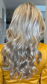 Jenny B. @thewiggygirl wearing AMBER by JON RENAU in color FS17/101S18 PALM SPRINGS BLONDE | Light Ash Blonde with Pure White Natural Violet Bold Highlights, Shaded with Dark Natural Ash Blonde