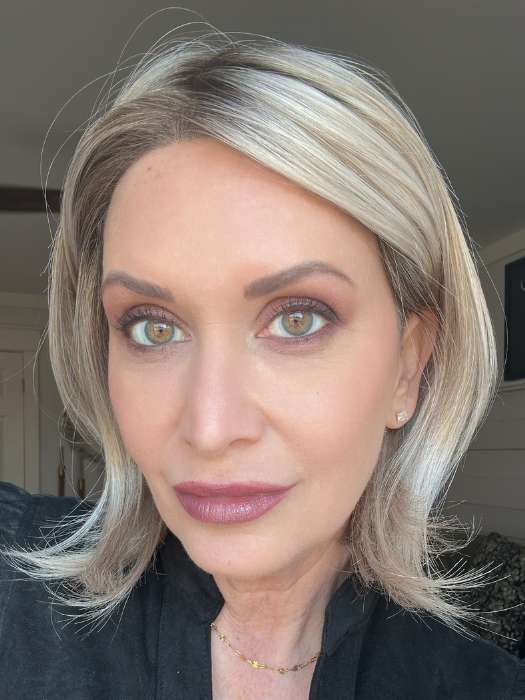 Emily Herrin @she_sheds_more wearing CAMERON PETITE by JON RENAU in color FS17/101S18 PALM SPRINGS BLONDE | Light Ash Blonde with Pure White Natural Violet Bold Highlights, Shaded with Dark Natural Ash Blonde