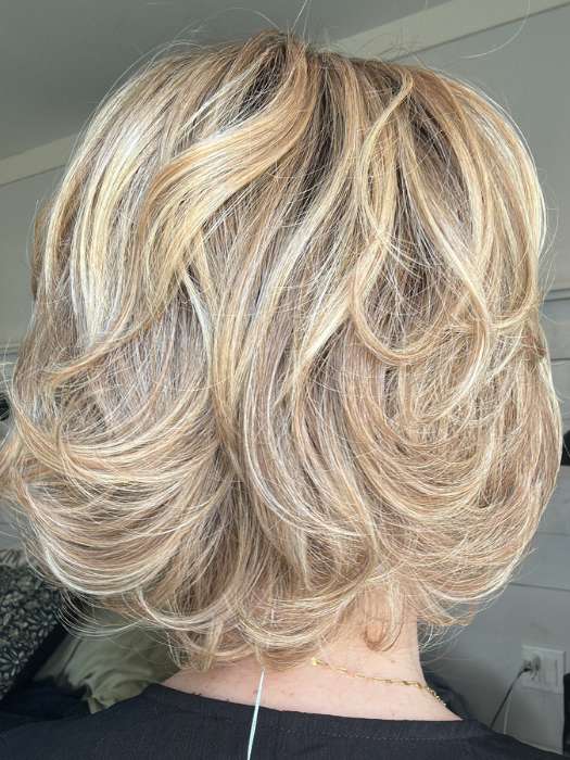 Emily Herrin @she_sheds_more wearing CHARLOTTE by TRESSALLURE in color EL12/22/8 | Light Golden Brown Evenly Blended with Platinum Blonde Highlights with Medium Brown Roots