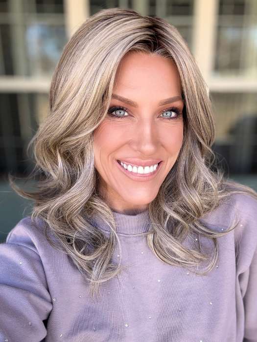 Kristyna Moore @kristynamoore wearing ISABEL BY BELLETRESS IN COLOR SHAKEN OATMILK BLONDE R | A Medium and Light Brown Base with Cool and Neutral Blonde, and Light Blonde Highlights with a Medium Brown Root PPC MAIN IMAGE