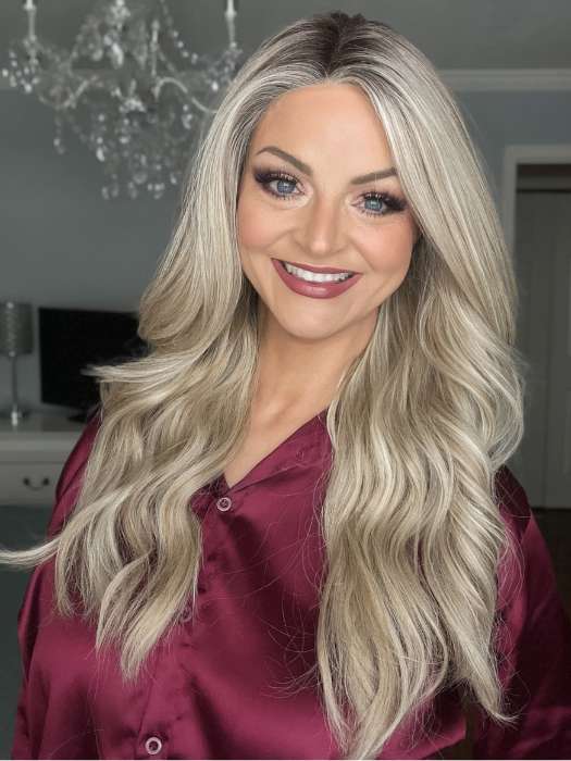 Sandy @i_be_wiggin wearing LONG TOUSLED WAVES by HAIRDO in color SS19/23 SHADED BISCUIT | Cool Platinum Blonde with subtle highlights and Medium Brown roots PPC MAIN IMAGE 