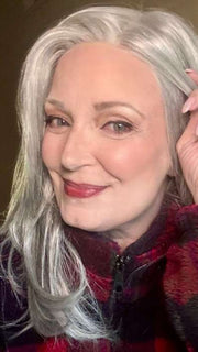 Mel B. @mels.be.ageless wearing BELINDA by ENVY BY ALAN EATON in color 56 MEDIUM GREY | Salt and Pepper Grey 50% Medium Brown 50% Grey