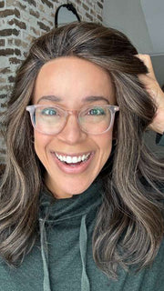 Brea @getwiggywithbrea wearing STYLE SOCIETY by RAQUEL WELCH in color RL4/10SS ICED JAVA | Off Black Shaded with Dark Brown