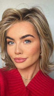 Olivia McVeigh @oliviamcveigh_ wearing Elizabeth by Jon Renau in color 24BT18S8 SHADED MOCHA | Medium Natural Ash Blonde & Light Natural Gold Blonde Blend, Shaded with Medium Brown