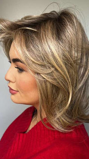Olivia McVeigh @oliviamcveigh_ wearing Elizabeth by Jon Renau in color 24BT18S8 SHADED MOCHA | Medium Natural Ash Blonde & Light Natural Gold Blonde Blend, Shaded with Medium Brown