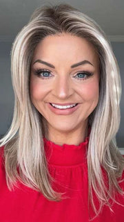 Sandy @i_be_wiggin wearing SEVILLE by BelleTress in color MILKSHAKE BLONDE R | A mixture of Light Sandy Brown, Highlighted with Light Ash Blonde with a Hint of Light Platinum Blonde with a Medium Root Color