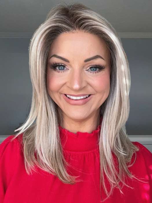 Sandy @i_be_wiggin wearing SEVILLE by BelleTress in color MILKSHAKE BLONDE R | A mixture of Light Sandy Brown, Highlighted with Light Ash Blonde with a Hint of Light Platinum Blonde with a Medium Root Color