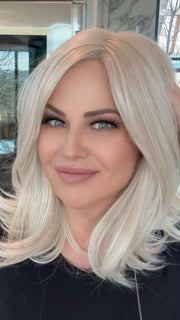 Sarah Engels @theatomicblondeco wearing SHOWRUNNER by RAQUEL WELCH in shade RL16/22 ICED SWEET CREAM | Pale Blonde with Slight Platinum Highlighting