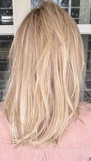 Kristyna Moore @kristynamoore wearing SEVILLE by BelleTress in color CRUSHED ALMOND BLONDE R | A soft Neutral Light Blonde with a Light and Medium Blended Root Color.