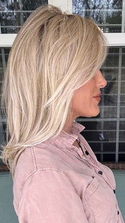 Kristyna Moore @kristynamoore wearing SEVILLE by BelleTress in color CRUSHED ALMOND BLONDE R | A soft Neutral Light Blonde with a Light and Medium Blended Root Color.