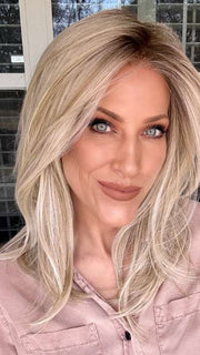 Kristyna Moore @kristynamoore wearing SEVILLE by BelleTress in color CRUSHED ALMOND BLONDE R | A soft Neutral Light Blonde with a Light and Medium Blended Root Color.