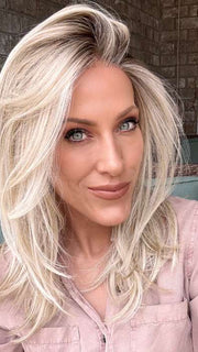 Kristyna Moore @kristynamoore wearing SEVILLE by BelleTress in color CRUSHED ALMOND BLONDE R | A soft Neutral Light Blonde with a Light and Medium Blended Root Color.