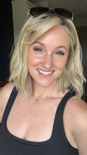 Carly N. @carlynwilson84 wearing HOLLIE by JON RENAU in color 22F16S8 VENICE BLONDE | Light Ash Blonde and Light Natural Blonde Blend Shaded with Medium Brown