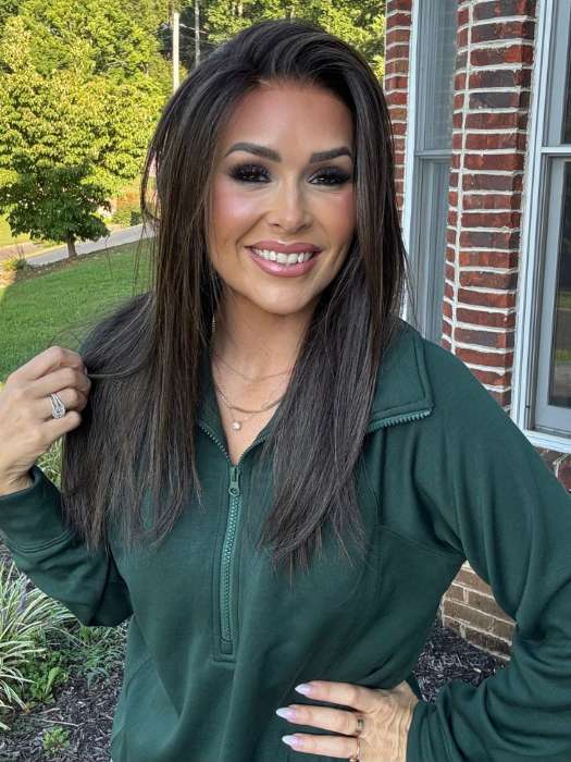 Crystal @crystallhoneycutt wearing CHAMPION by BELLE TRESS in color COOLEST DARK BROWN R | A Rich, Deep Espresso Brown root and base with Cool, Ashy Undertones with Cool Beige Highlights