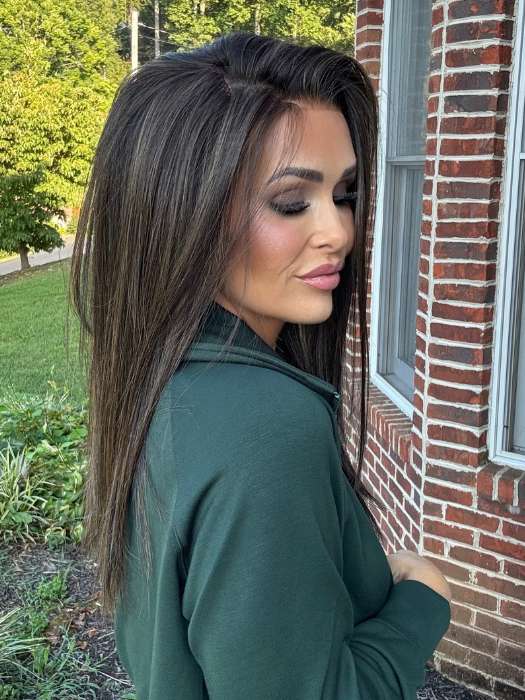 Crystal @crystallhoneycutt wearing CHAMPION by BELLE TRESS in color COOLEST DARK BROWN R | A Rich, Deep Espresso Brown root and base with Cool, Ashy Undertones with Cool Beige Highlights