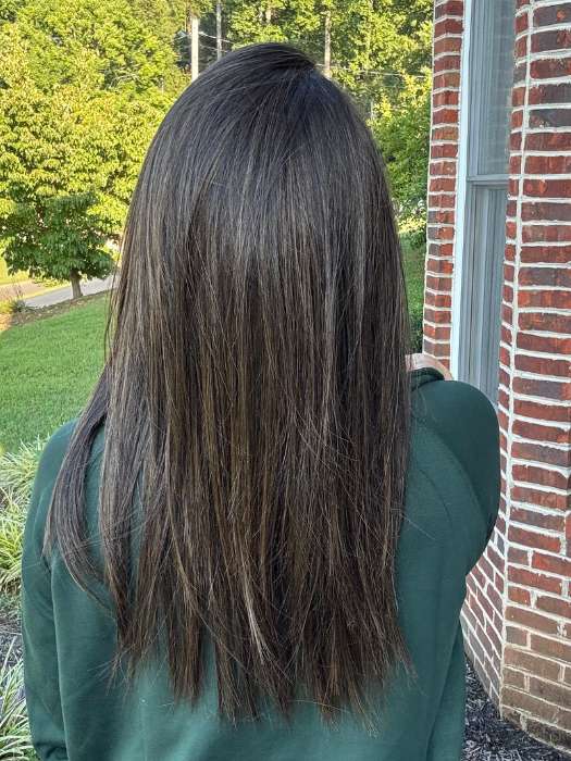 Crystal @crystallhoneycutt wearing CHAMPION by BELLE TRESS in color COOLEST DARK BROWN R | A Rich, Deep Espresso Brown root and base with Cool, Ashy Undertones with Cool Beige Highlights