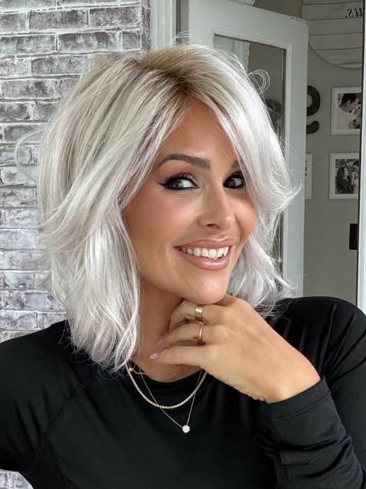 Crystal @crystallhoneycutt wearing SHEENA by RENE OF PARIS in color GHOST-BLONDE-R | Medium neutral blond roots fade into a pearl cream blond shade with platinum blond undertones.