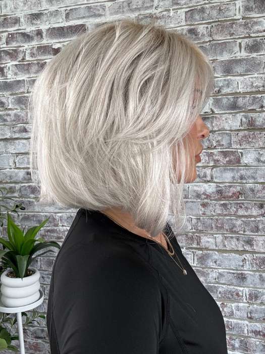 Crystal @crystallhoneycutt wearing SHEENA by RENE OF PARIS in color GHOST-BLONDE-R | Medium neutral blond roots fade into a pearl cream blond shade with platinum blond undertones.