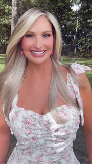 Kim Hammon @letstalkwithkim wearing ZARA by JON RENAU in color 101/88/27S4 CATALINA BLONDE | Pale blonde with Pure White Natural Violet halo highlights, shaded medium brown