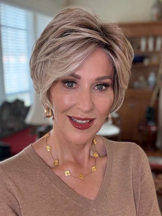 Eileen Franklin @crazywiglady wearing CURATED CUT by RAQUEL WELCH in color SS19/23 SHADED BISCUIT | Light Ash Blonde Evenly Blended with Cool Platinum Blonde with Dark Roots