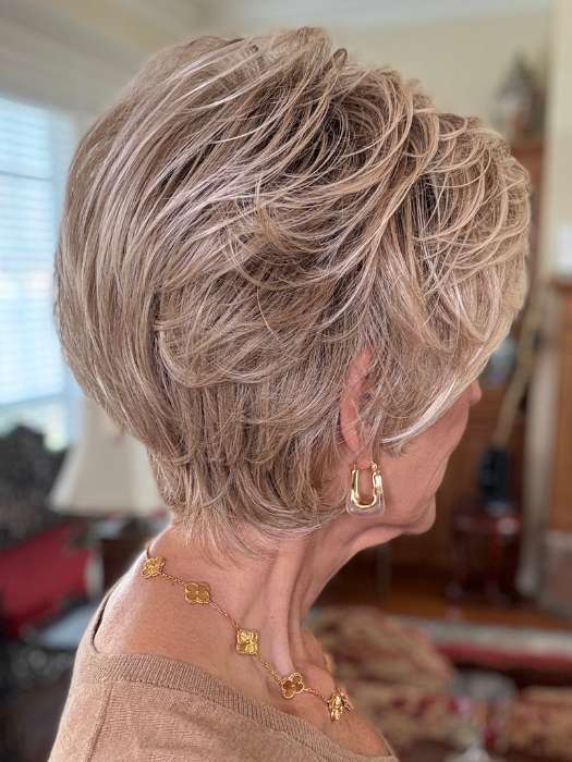 Eileen Franklin @crazywiglady wearing CURATED CUT by RAQUEL WELCH in color SS19/23 SHADED BISCUIT | Light Ash Blonde Evenly Blended with Cool Platinum Blonde with Dark Roots