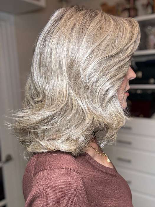 EILEEN FRANKLIN @crazywiglady wearing FLIP THE SCRIPT by RAQUEL WELCH in color RL17/23SS ICED LATTE MACCHIATO | Honey Blonde shaded with Cool Blonde and Dark Roots