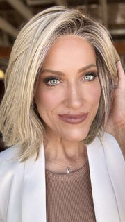 Kristyna @kristynamoore wearing HAUTE by JON RENAU in color 22F16S8 VENICE BLONDE | Light Ash Blonde and Light Natural Blonde Blend Shaded with Medium Brown