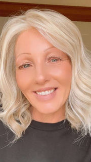Alicia @wigginout wearing SIMMER by RAQUEL WELCH WIGS in color RL19/23 BISCUIT | Light Ash Blonde Evenly Blended with Cool Platinum Blonde
