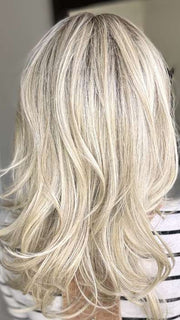 Kristyna @kristynamoore wearing CELESTE by JON RENAU in color FS17/101S18 PALM SPRINGS BLONDE | Light Ash Blonde with Pure White Natural Violet Bold Highlights, Shaded with Dark Natural Ash Blonde