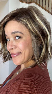 Brea Davis @getwiggywithbrea wearing SAGE by ESTETICA in color CARMKISSM | Golden Brown w/Light Copper Blonde Highlights
