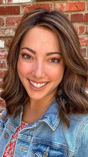 Jen Brown @being_mrs_brown wearing MIU by BELLETRESS in color RICH CHOCOLATE BROWN R | A mixture of Dark and Medium Brown, Highlighted with Dark Auburn, Strawberry, Mahogany and Rooted with Dark Brown