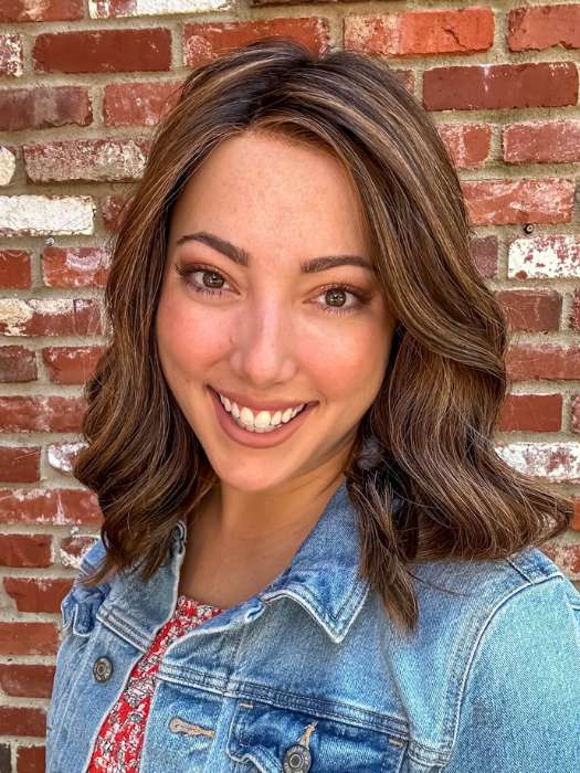 Jen Brown @being_mrs_brown wearing MIU by BELLETRESS in color RICH CHOCOLATE BROWN R | A mixture of Dark and Medium Brown, Highlighted with Dark Auburn, Strawberry, Mahogany and Rooted with Dark Brown