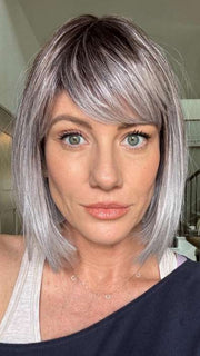 Jenny B. @thewiggygirl wearing CLEO by ELLEN WILLE in color ICE BLUE TIPPED | Darkest Brown and Blue with Pearl Platinum and Pure White Blend with Lighter Tipped Ends