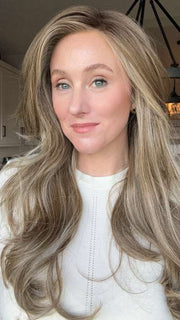 Carly @carlynwilson84 wearing MODEL MODE by RAQUEL WELCH WIGS in color RL10/22SS SHADED ICED CAPPUCCINO | Light Brown Shaded with Medium Blonde
