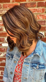 Jen Brown @being_mrs_brown wearing MIU by BELLETRESS in color RICH CHOCOLATE BROWN R | A mixture of Dark and Medium Brown, Highlighted with Dark Auburn, Strawberry, Mahogany and Rooted with Dark Brown