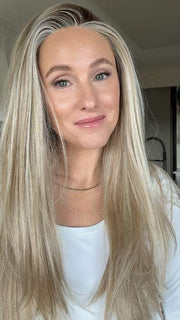 Carly @carlynwilson84 wearing STAY THE NIGHT by RAQUEL WELCH WIGS in color RL19/23SS SHADED BISCUIT | Light Ash Blonde Evenly Blended with Cool Platinum Blonde with Dark Roots
